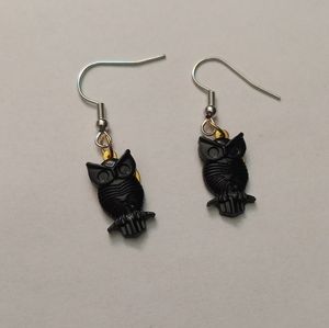 New perching owl metallic earrings hand crafted matte black